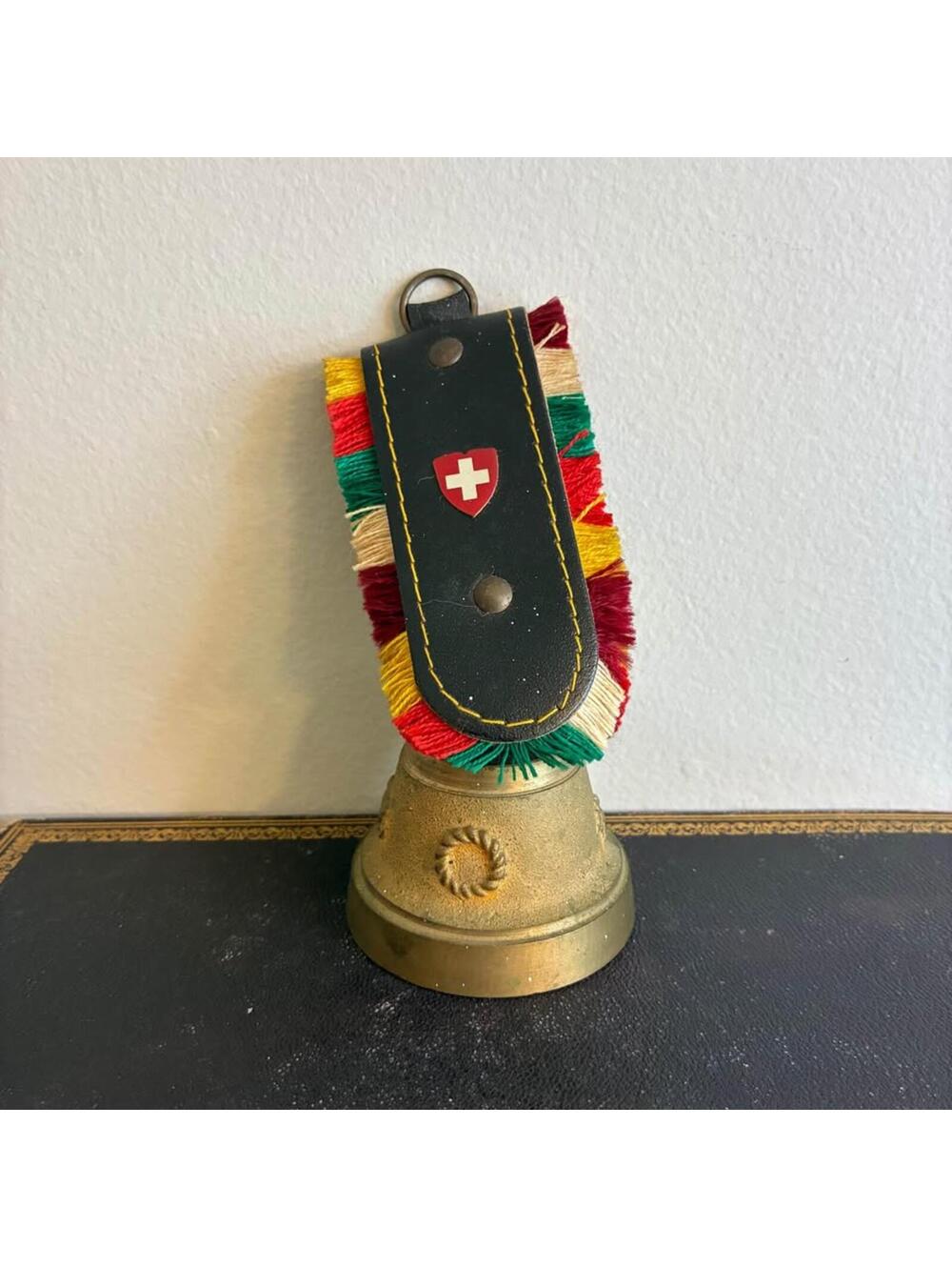 Vintage Swiss Cowbell Souvenir Brass Bell With Leather Strap Switzerland Decor